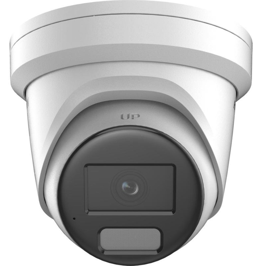 Witte Hikvision 4MP AcuSense turret beveiligingscamera met zwarte lensmodule en ingebouwde microfoon.