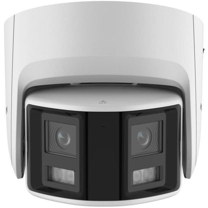 Witte Hikvision panoramische turret IP-camera met dubbele lens en zwarte frontplaat voor buitenbewaking.
