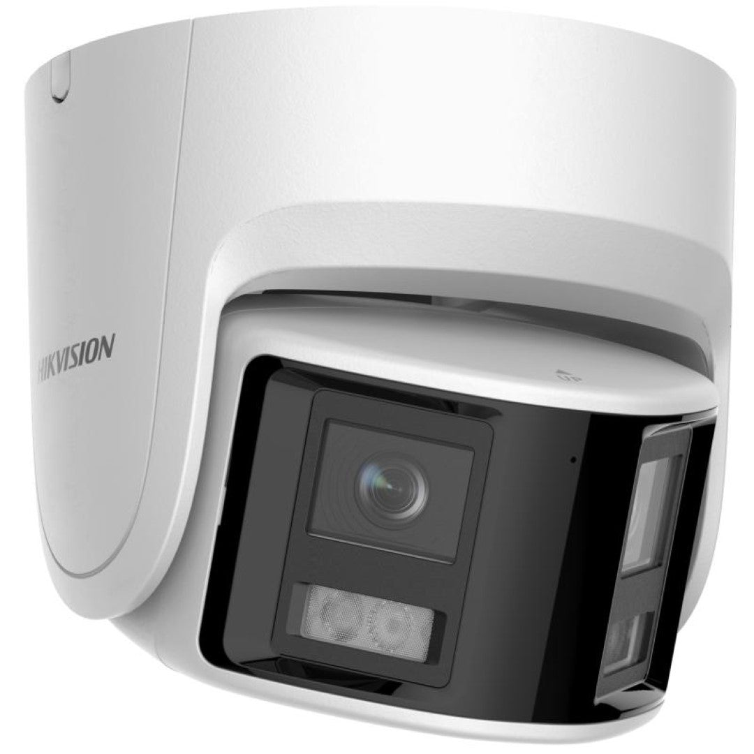 Witte Hikvision panoramische turret dome IP-camera met zwarte lensmodule en ingebouwde stroboscoop voor buitenbeveiliging.