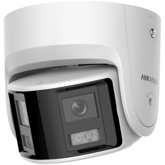 Witte Hikvision panoramische turret dome IP-camera met zwarte lensmodule en ingebouwde stroboscoop voor buitenbewaking.