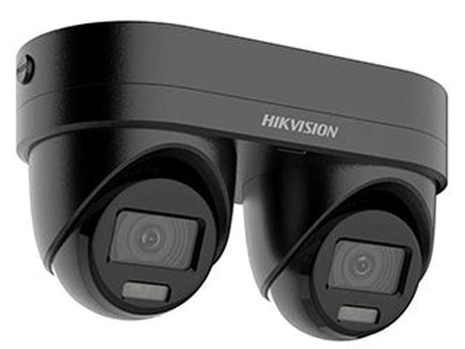 Zwarte Hikvision 4MP panoramische bullet camera met dubbele lens voor 180 graden beeld en actieve afschrikking.