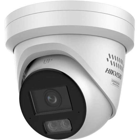 Witte Hikvision ColorVu turret camera met 4MP lens, actieve afschrikking en corrosiebestendige behuizing.