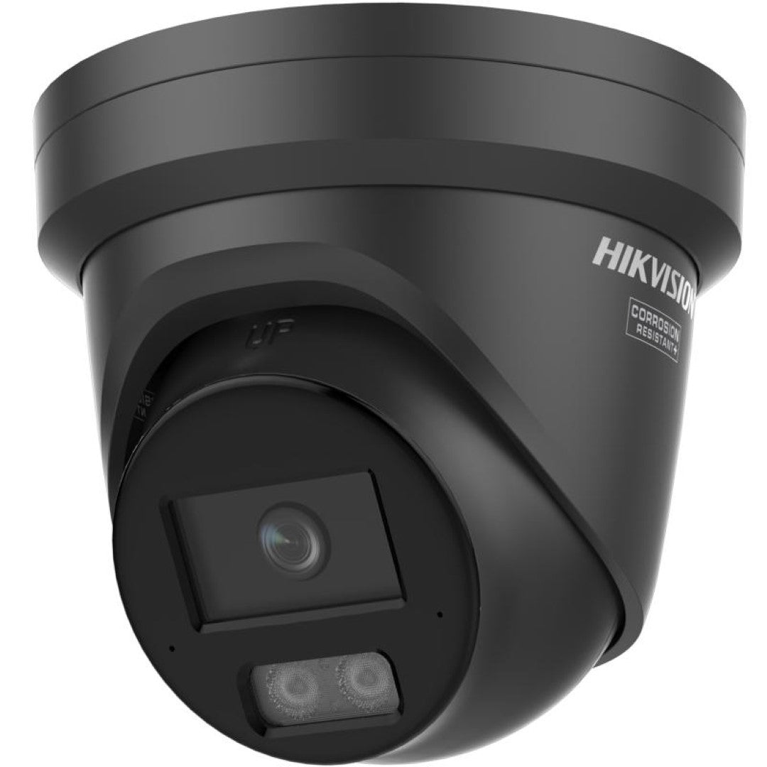 Zwarte Hikvision 4MP ColorVu turret beveiligingscamera met actieve afschrikking en corrosiebestendige behuizing.
