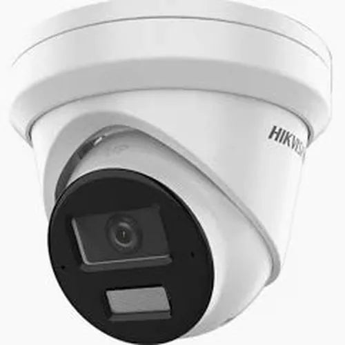 Witte Hikvision 8MP 4K AcuSense dome beveiligingscamera met zwarte lensmodule voor binnen en buiten.
