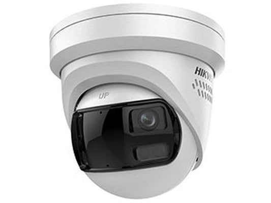 Witte Hikvision 8MP panoramische turret camera met 180 graden lens en zwarte cameramodule voor buiten.