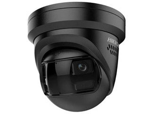 Zwarte Hikvision 8MP panoramische turret camera met 180° lens en ingebouwde audio voor buitenbeveiliging.