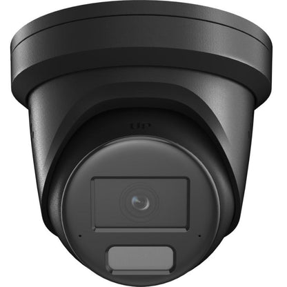 Zwarte Hikvision 8MP 4K turret beveiligingscamera met lens en ingebouwde stroboscoop voor actieve afschrikking.