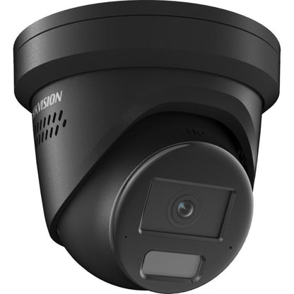 Zwarte Hikvision 8MP 4K AcuSense turret beveiligingscamera met stroboscoop en tweerichtingsaudio.