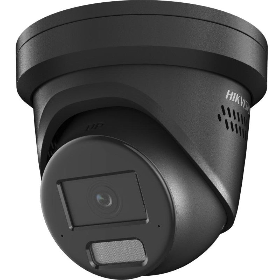 Zwarte Hikvision 8MP 4K AcuSense turret beveiligingscamera met stroboscoop en tweerichtingsaudio.