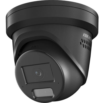 Zwarte Hikvision 8MP 4K AcuSense turret beveiligingscamera met stroboscoop en tweerichtingsaudio.
