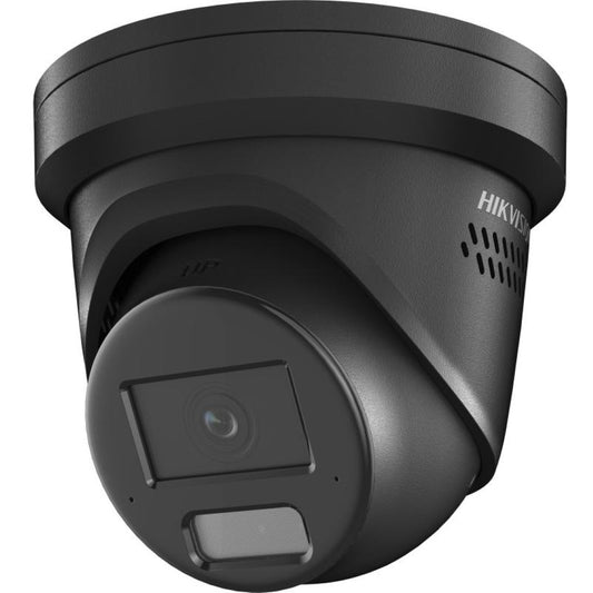 Zwarte Hikvision 8MP 4K AcuSense turret beveiligingscamera met stroboscoop en tweerichtingsaudio.