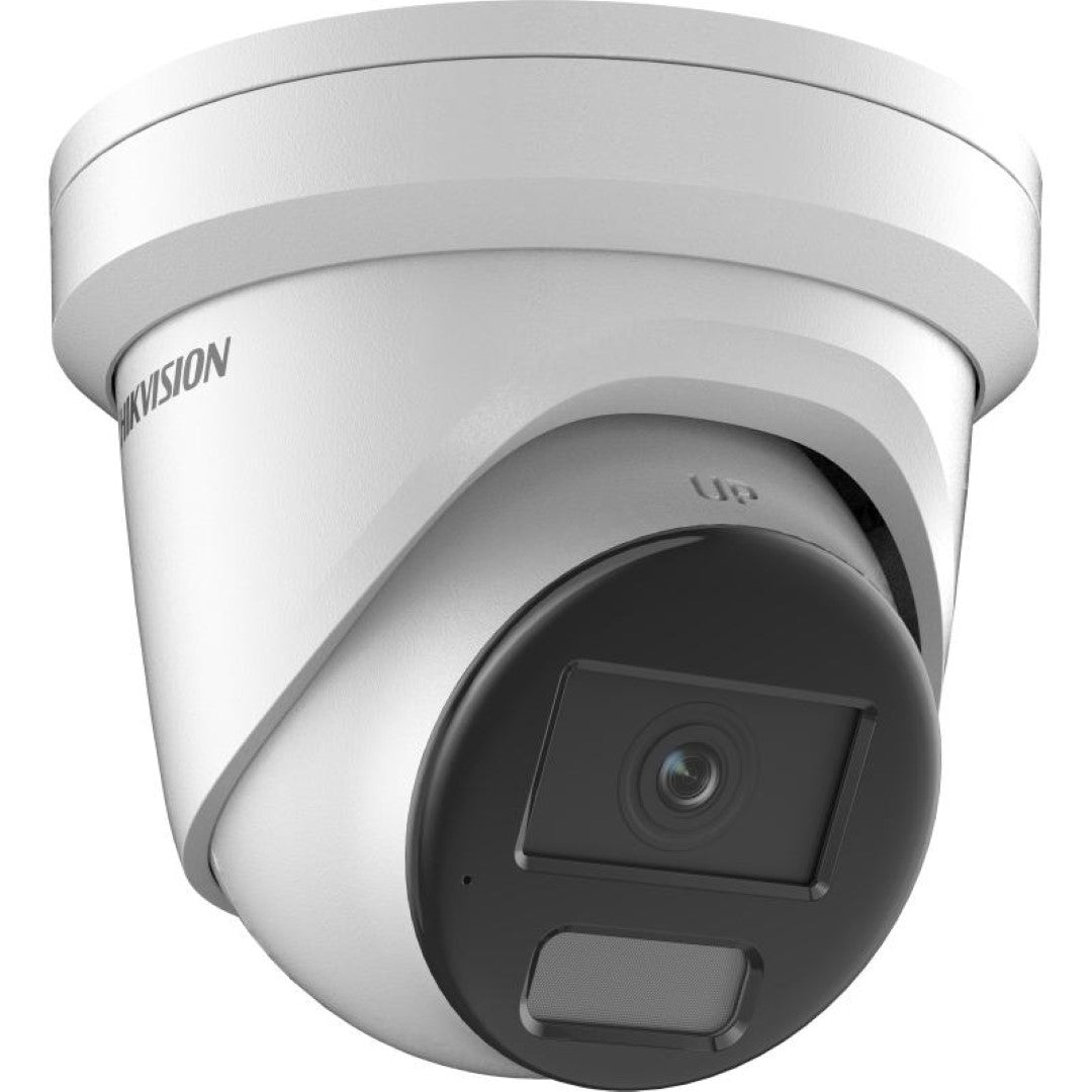 Witte Hikvision 8MP 4K AcuSense turret beveiligingscamera met zwarte lensmodule en ingebouwde microfoon.