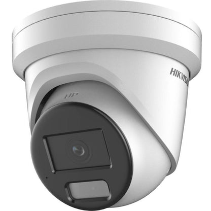 Witte Hikvision 8MP 4K AcuSense turret beveiligingscamera met zwarte lensmodule en ingebouwde microfoon.