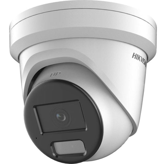 Witte Hikvision 8MP 4K AcuSense turret beveiligingscamera met zwarte lensmodule en ingebouwde microfoon.