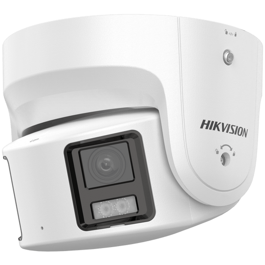 Witte Hikvision 8MP panoramische turret IP-camera met ColorVu-technologie en actieve afschrikking.