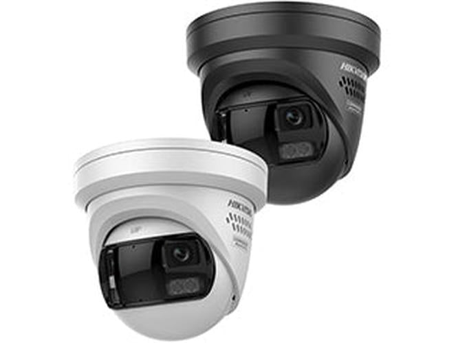 Witte en zwarte Hikvision 8MP ColorVu G3 turret beveiligingscamera's met stroboscoop en actieve afschrikking.