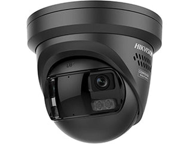 Zwarte Hikvision 8MP ColorVu turret camera met stroboscoop en 2.8mm lens voor buitenbeveiliging.