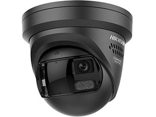 Zwarte Hikvision 8MP ColorVu turret camera met stroboscoop en 2.8mm lens voor buitenbeveiliging.