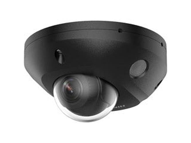 Zwarte Hikvision 4MP mini dome IP-camera met compact design, 2.8mm lens en actieve afschrikking.