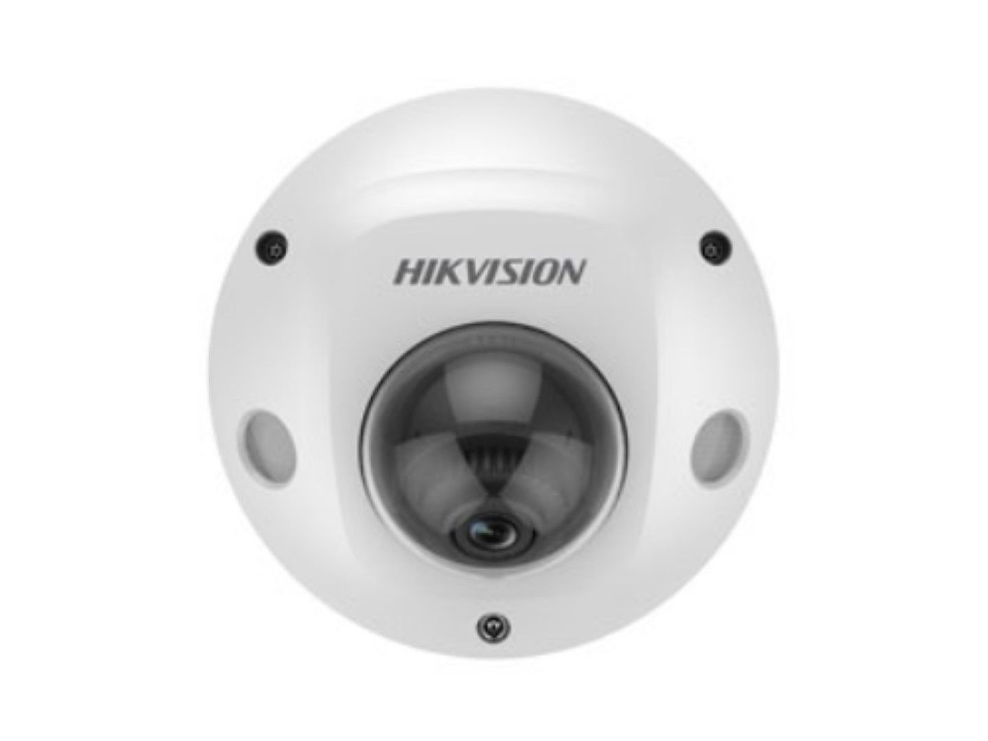 Witte Hikvision AcuSense mini dome camera met zwarte lenskap en robuuste behuizing voor professionele beveiliging.