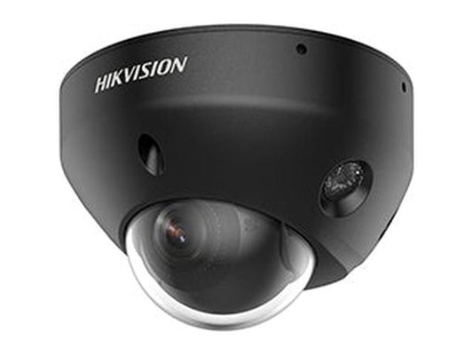 Zwarte Hikvision 8MP mini dome IP-camera met actieve afschrikking en 2.8mm lens voor buiten.