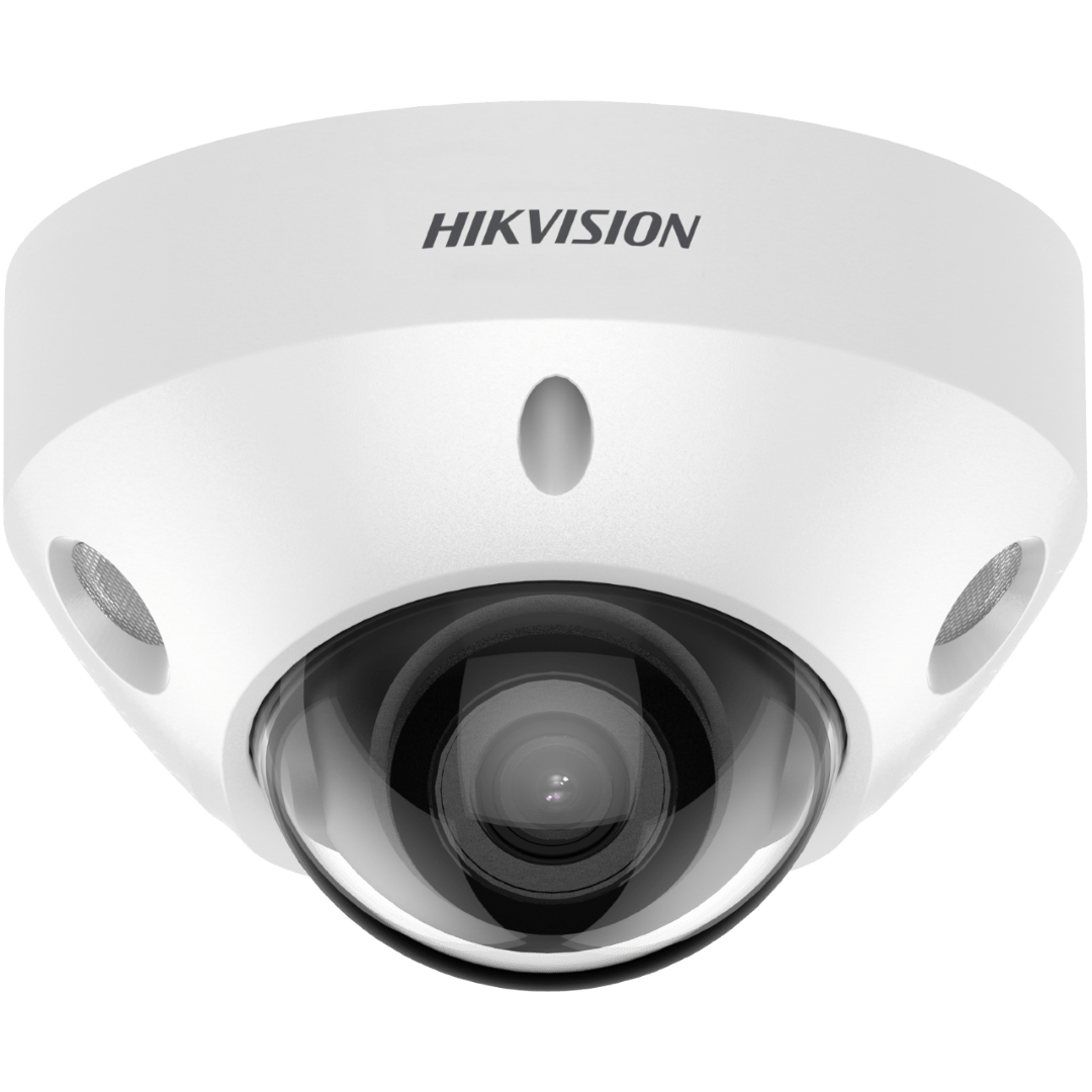 Witte Hikvision 8MP AcuSense mini dome beveiligingscamera met 2.8mm lens en donkere glazen koepel voor buiten.