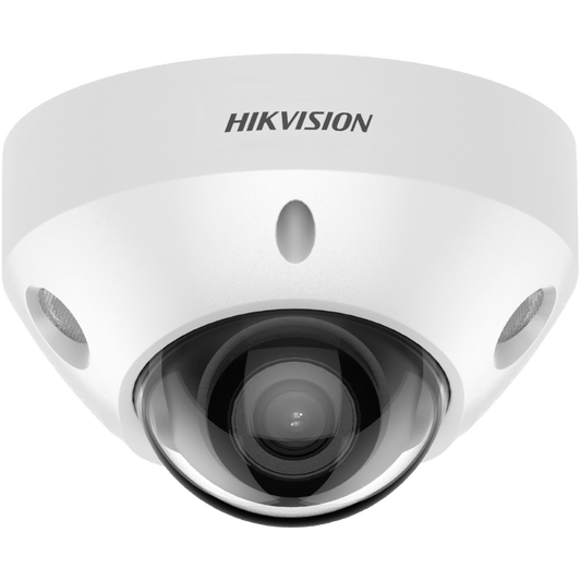 Witte Hikvision 8MP AcuSense mini dome beveiligingscamera met 2.8mm lens en donkere glazen koepel voor buiten.
