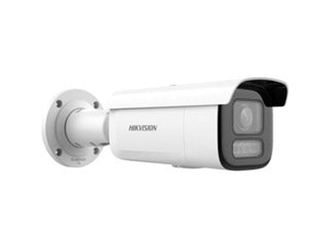 Witte Hikvision 4MP ColorVu bullet camera met varifocale lens en robuuste vandaalbestendige behuizing.