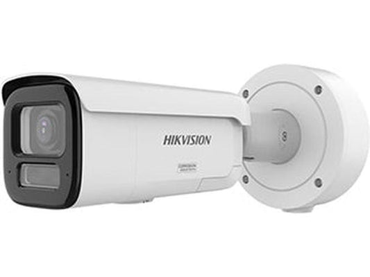 Witte Hikvision ColorVu bullet IP-camera met varifocale lens en actieve afschrikking voor buitenbeveiliging.