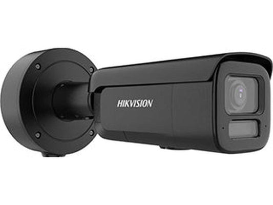 Zwarte Hikvision ColorVu G3 bullet IP-camera met varifocale lens en robuuste muurbeugel voor buitenbeveiliging.