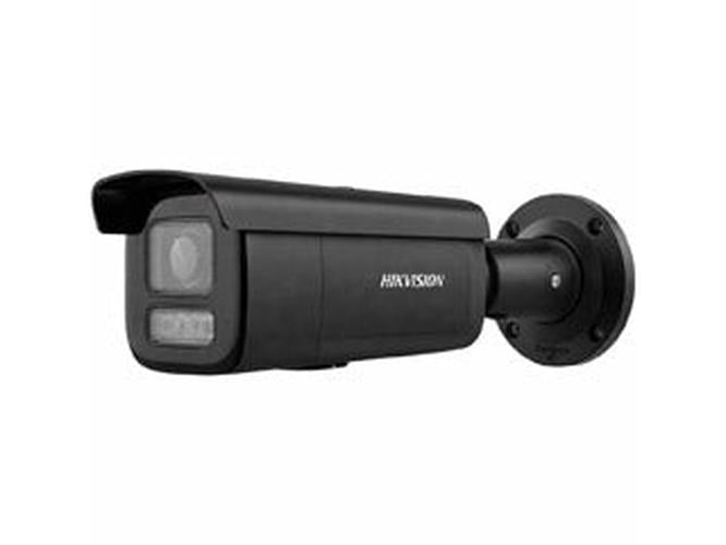 Zwarte Hikvision 12MP ColorVu bulletcamera met varifocale lens en stroboscoop voor buitenbeveiliging.