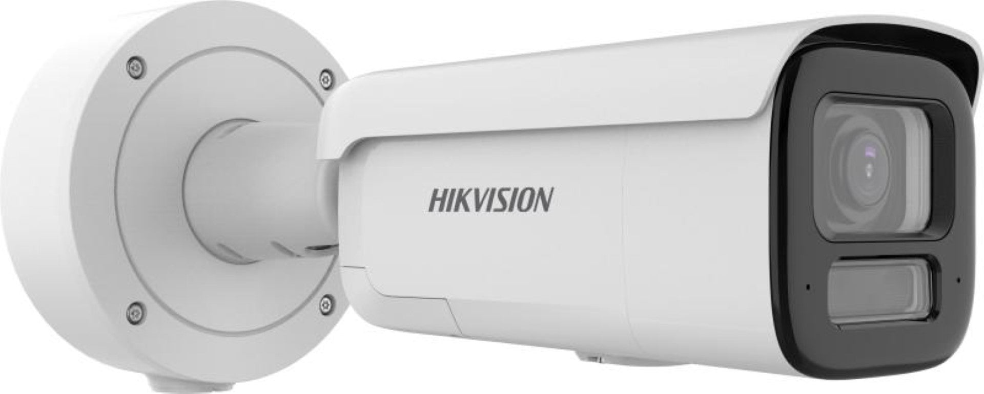 Witte Hikvision 8MP ColorVu G3 bullet IP-camera met varifocale lens en robuuste behuizing voor buitenbeveiliging.