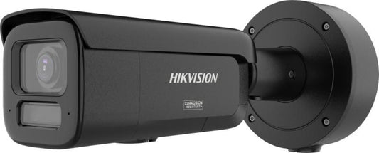 Zwarte Hikvision 8MP ColorVu G3 bullet IP-camera met varifocale lens en robuuste behuizing voor buiten.