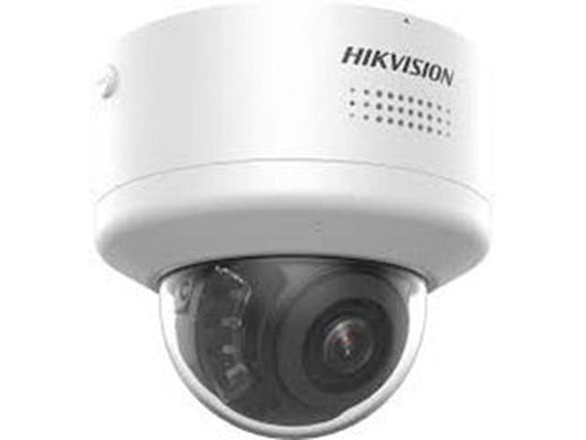 Witte Hikvision 4MP dome beveiligingscamera met varifocale lens en stroboscoop voor actieve afschrikking.