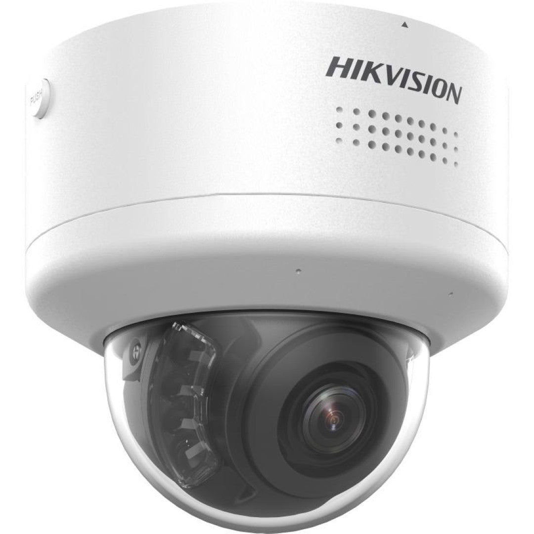 Witte Hikvision 4MP ColorVu PTZ mini dome IP-camera met varifocale lens en ingebouwde luidspreker voor actieve afschrikking.