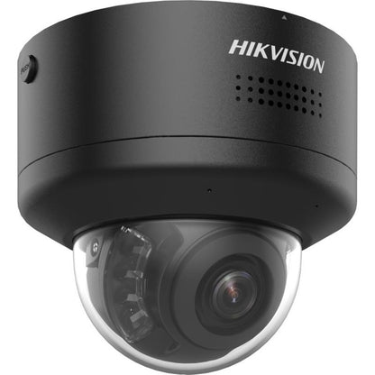 Zwarte Hikvision 4MP ColorVu PTZ mini dome-camera met varifocale lens en ingebouwde luidspreker voor actieve afschrikking.