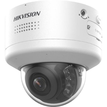 Witte Hikvision 4MP ColorVu PTZ mini dome camera met varifocale lens en ingebouwde luidspreker voor actieve afschrikking.