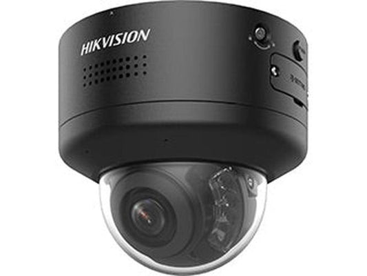 Zwarte Hikvision 8MP 4K dome beveiligingscamera met varifocale lens en actieve afschrikking.