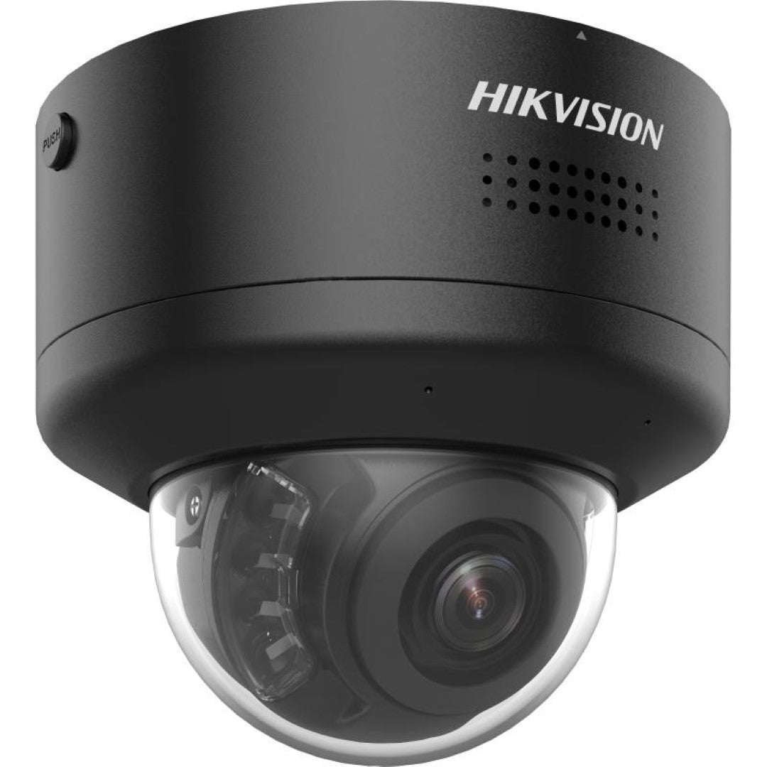 Zwarte Hikvision 4K ColorVu PTZ mini dome beveiligingscamera met transparante koepel en ingebouwde luidspreker.