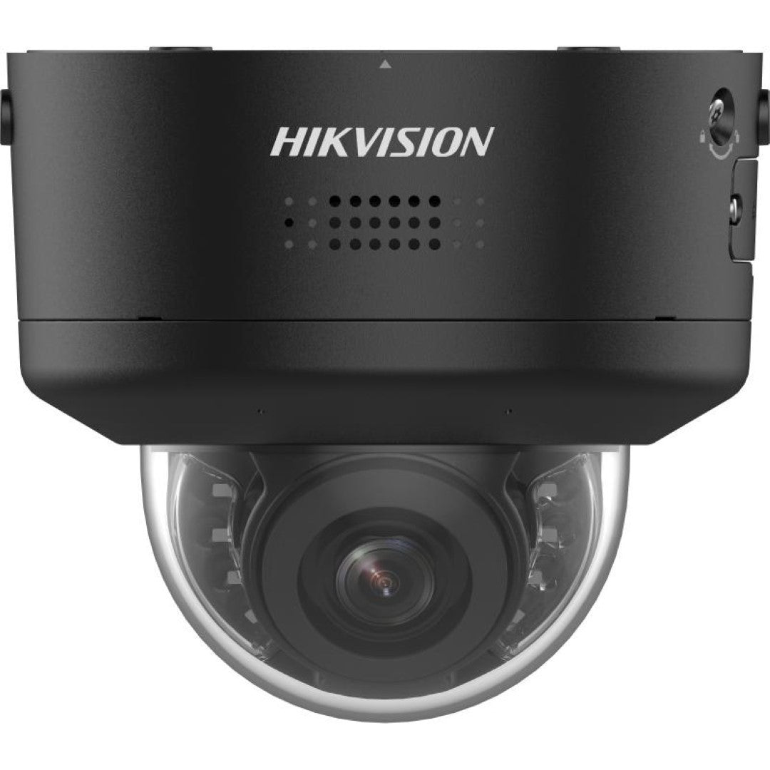 Zwarte Hikvision 4K ColorVu PTZ mini dome camera met varifocale lens en robuuste behuizing voor buitenbeveiliging.