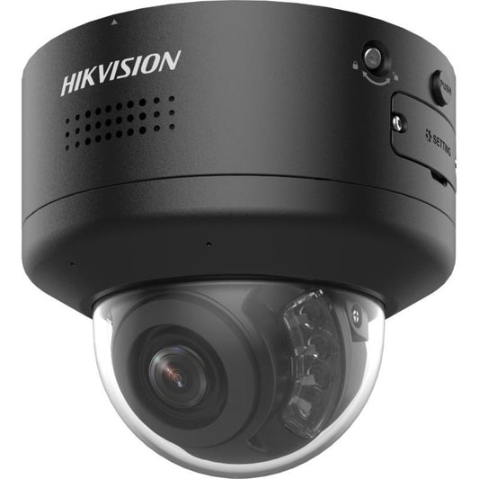 Zwarte Hikvision 4K ColorVu mini dome beveiligingscamera met gemotoriseerde PTZ-lens en robuuste behuizing.