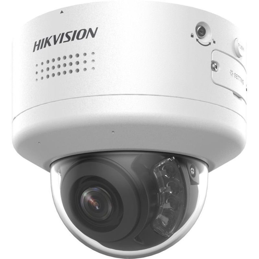 Witte Hikvision 8MP ColorVu PTZ mini dome beveiligingscamera met varifocale lens en robuuste behuizing.