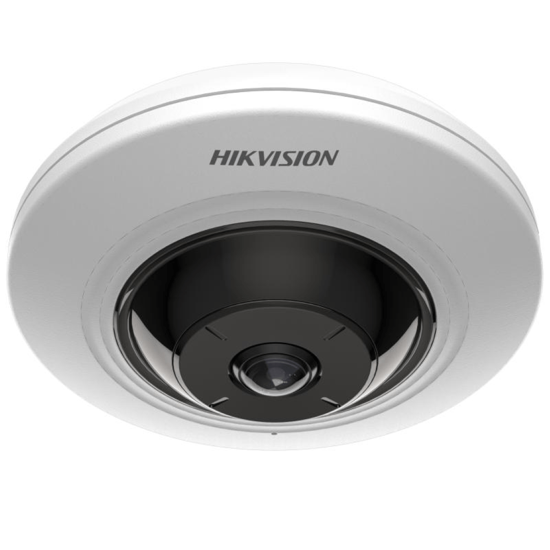 Witte Hikvision 5MP fisheye dome IP-camera met panoramische lens in een compacte, ronde behuizing.
