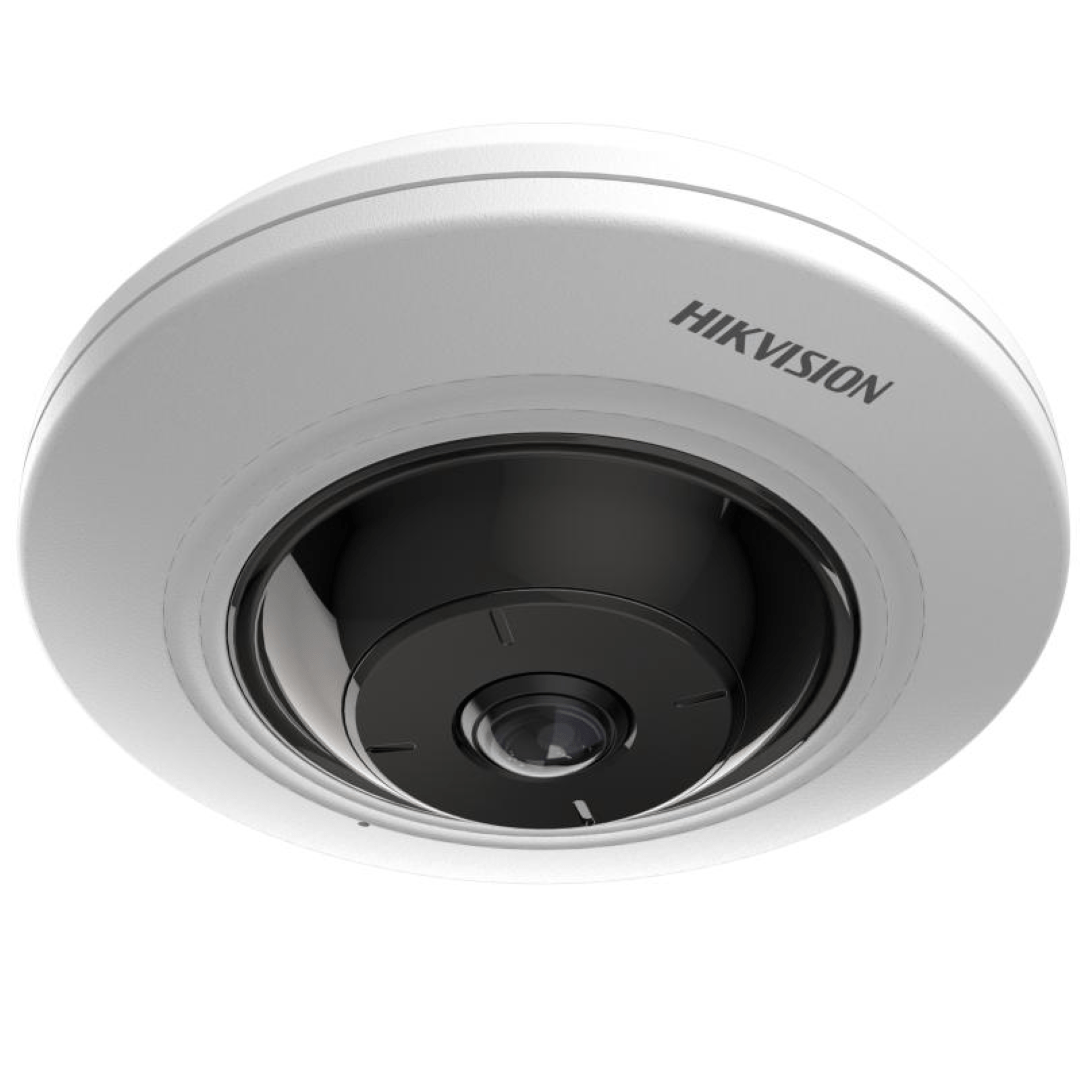 Witte Hikvision 5MP fisheye dome IP-camera met compact rond design en zwarte lens voor panoramisch overzicht.