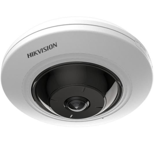 Witte Hikvision 5MP fisheye dome IP-camera met panoramische lens in een compacte, ronde behuizing.