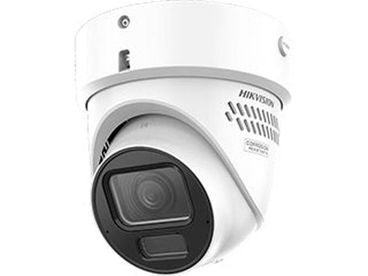 Witte Hikvision 4MP AcuSense turret-beveiligingscamera met varifocale lens en Smart Hybrid Light voor buiten.