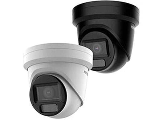 Hikvision 8MP AcuSense turret camera's in wit en zwart met varifocale motorlens en robuust design.