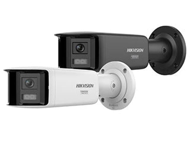 Witte en zwarte Hikvision 12MP ColorVu 180° bullet camera's met stroboscoop voor buitenbeveiliging.