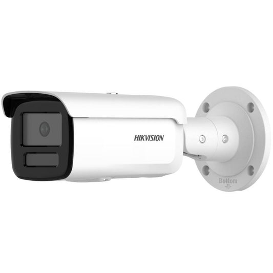 Witte Hikvision 4MP bullet beveiligingscamera met 4mm lens en geïntegreerde muurbeugel voor buitenmontage.