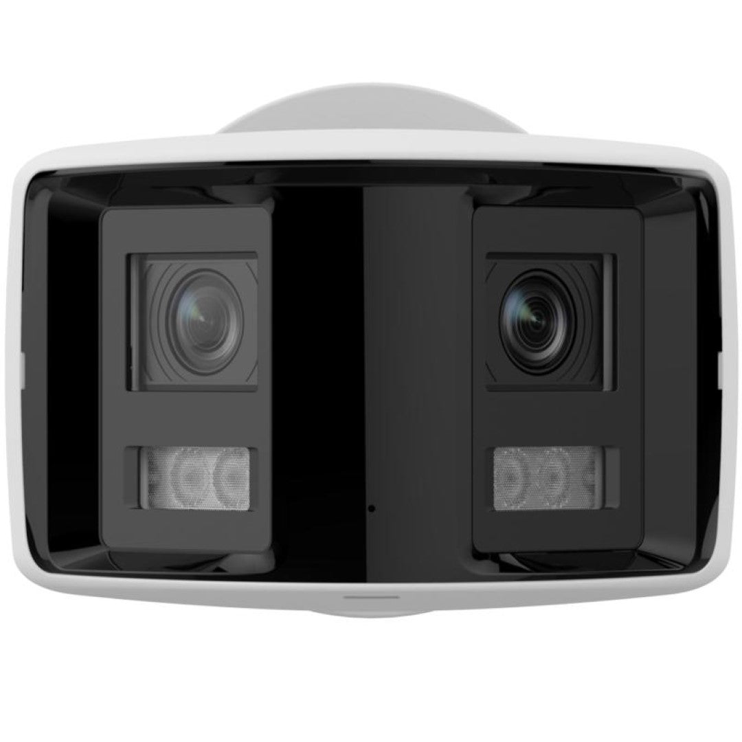 Witte Hikvision panoramische bullet IP-camera met dubbele lens en zwarte frontplaat voor 180 graden buitenbewaking.